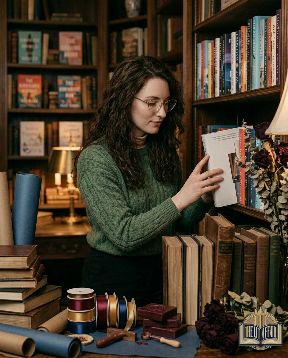 Paige hand-selecting a book for a romance blind date box — The Lit Affair