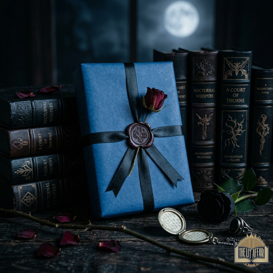 Blue gift box with a rose and wax seal in front of books on a dark  background A story that keeps secrets