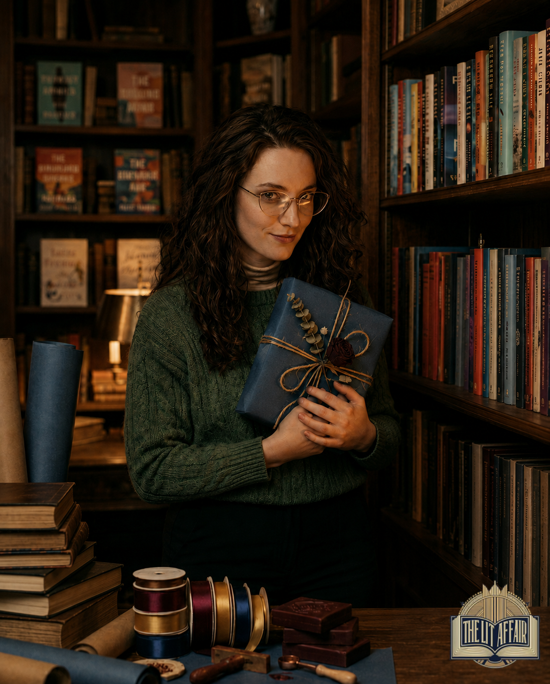 A completed romance blind date book box wrapped in kraft paper with a dark rose — The Lit Affair